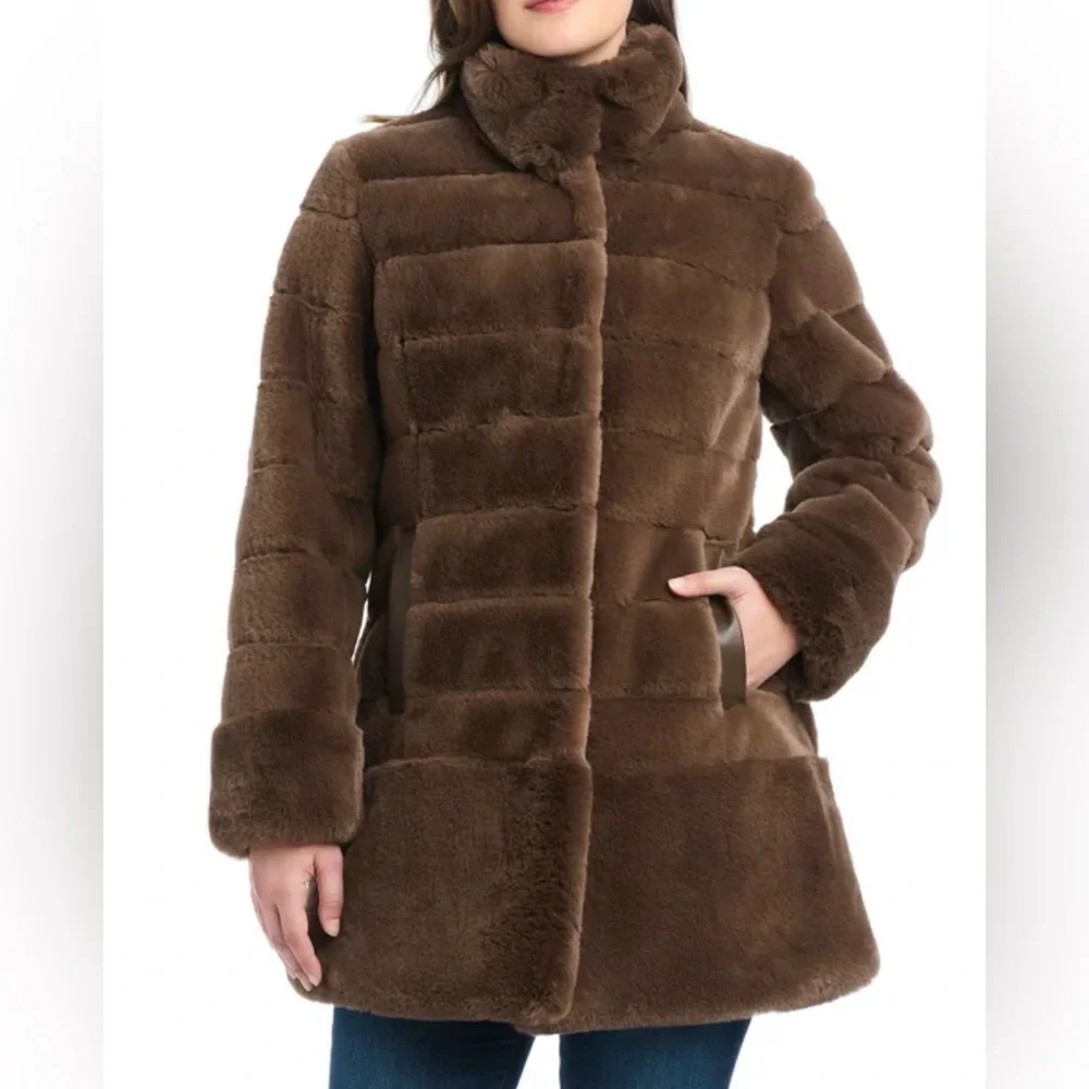 Jones New‎ York Women's Faux Fur Jacket Taupe Size S Coat. NWOT Trench teddy